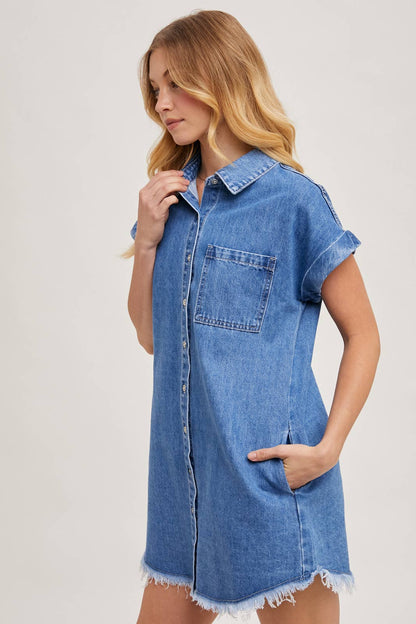 Medium Wash Denim Button Down Short Sleeve Shirt Mini Dress