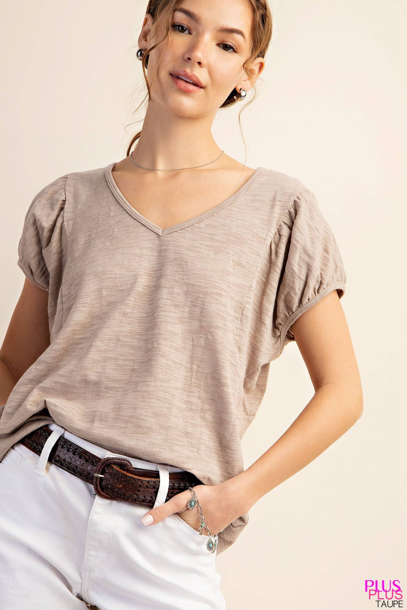 Taupe Cotton Puff Short Sleeve V-Neck Top (Plus Exclusive!)