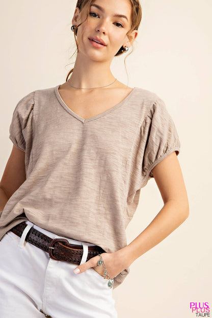 Taupe Cotton Puff Short Sleeve V-Neck Top (Plus Exclusive!)