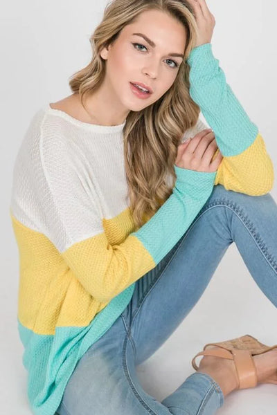 Yellow, Teal and White Colorblock Lightweight Waffle Long Sleeve Top