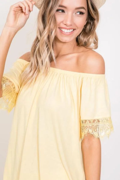 Yellow Off The Shoulder Lace Trim Top