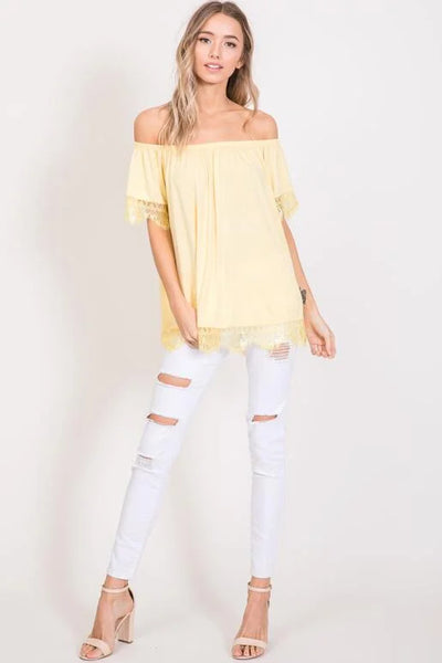 Yellow Off The Shoulder Lace Trim Top