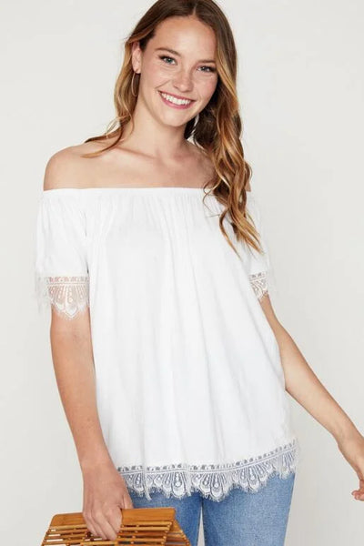 White Off The Shoulder Lace Trim Top