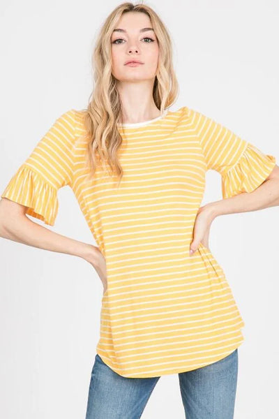 Gold with White Stripe Ruffle 1/2 Sleeve Top