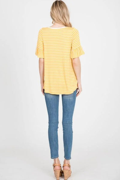 Gold with White Stripe Ruffle 1/2 Sleeve Top