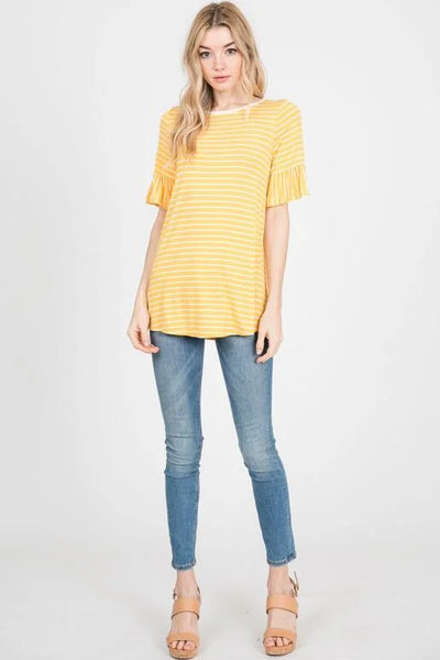 Gold with White Stripe Ruffle 1/2 Sleeve Top