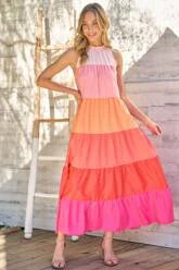 Shades of Pink Colorblock Maxi Dress with Halter Neck
