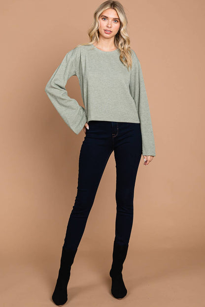 Sage Green Ribbed Bell Sleeve Top