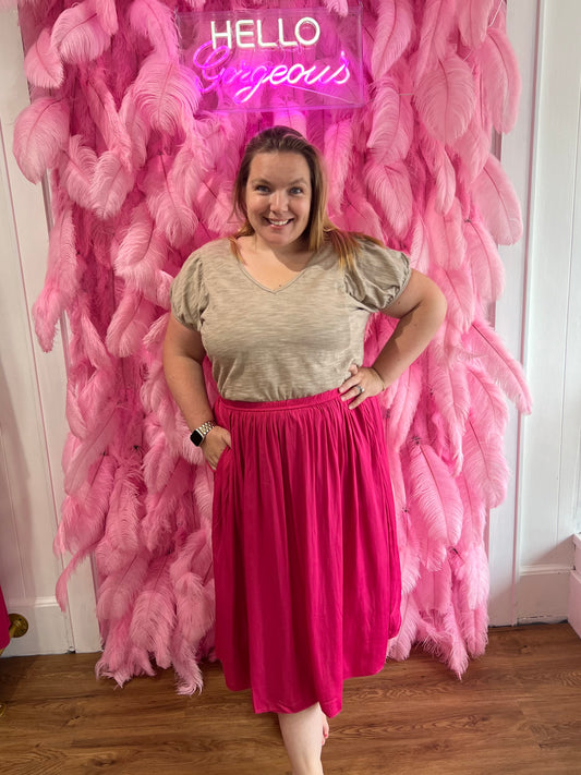 Hot Pink Satin Feel Midi Skirt with Elastic Waist