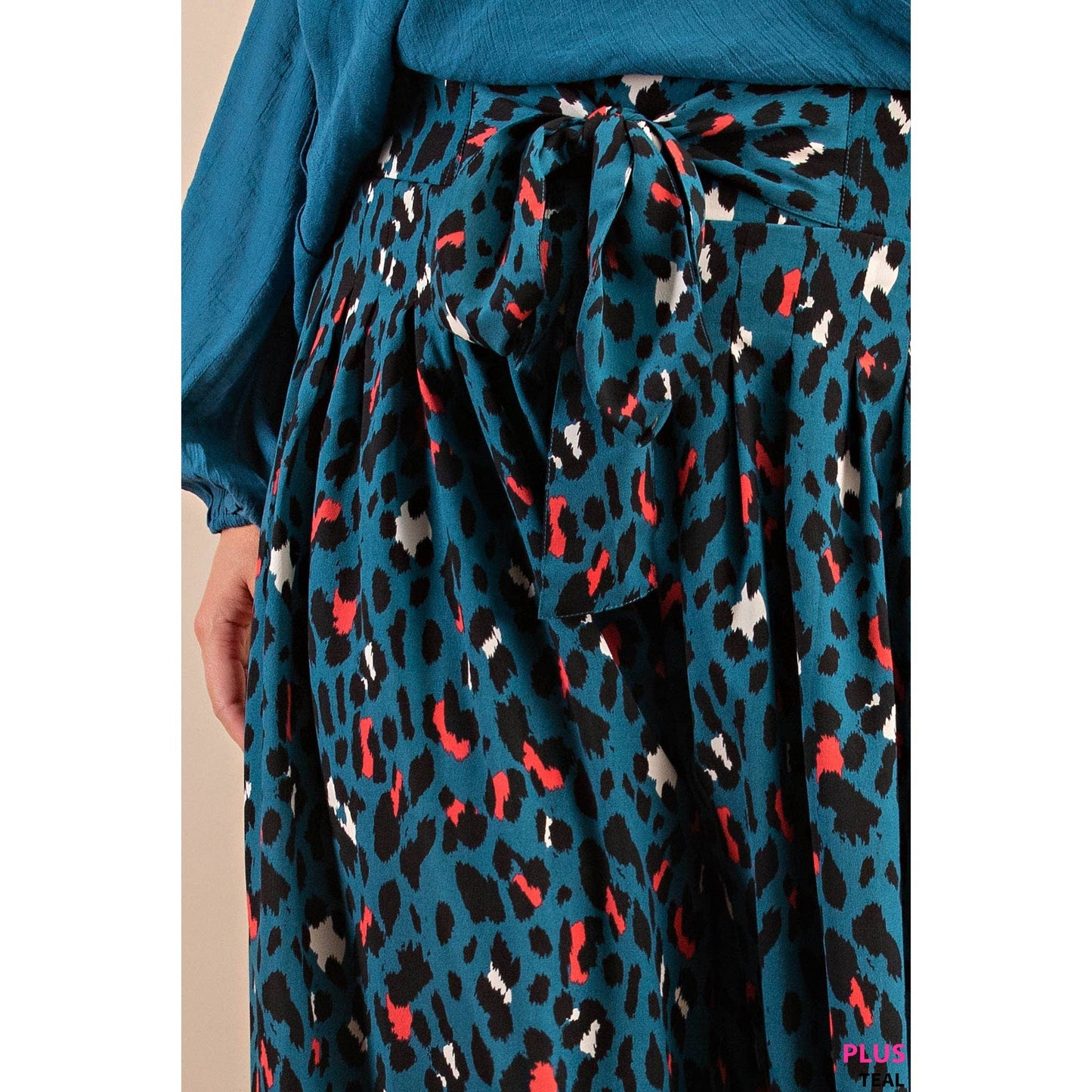 Teal Animal Print High Rise Wide Leg Pants with Elastic Smocked Waist (Plus Exclusive!)