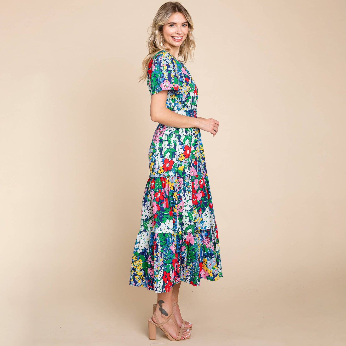 Navy Tiered Floral V Neck Cotton Midi Dress (Plus Size Exclusive!)