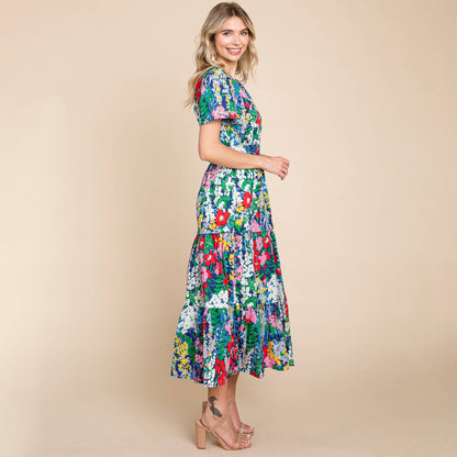 Navy Tiered Floral V Neck Cotton Midi Dress (Plus Size Exclusive!)