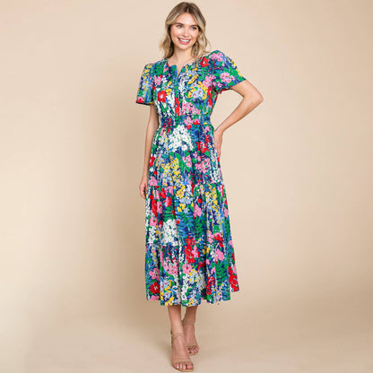 Navy Tiered Floral V Neck Cotton Midi Dress (Plus Size Exclusive!)