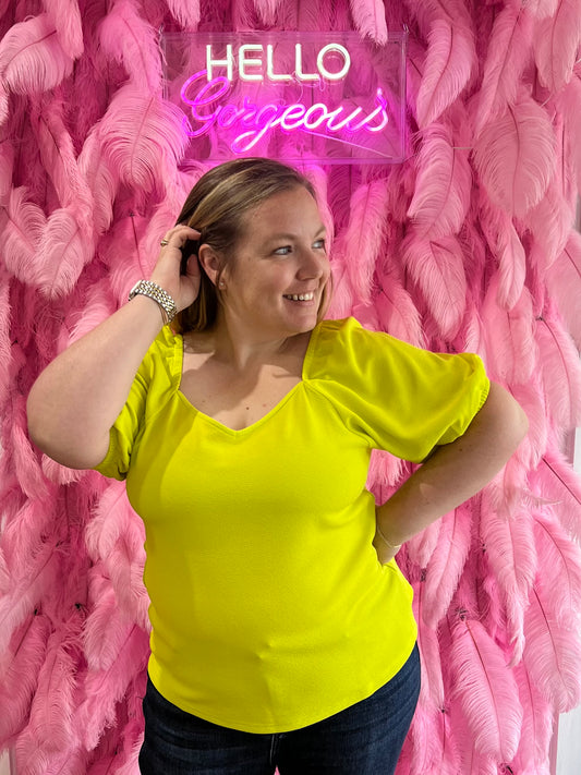 Apple Green Puff 1/2 Sleeve V-Neck Top (Plus Exclusive!)