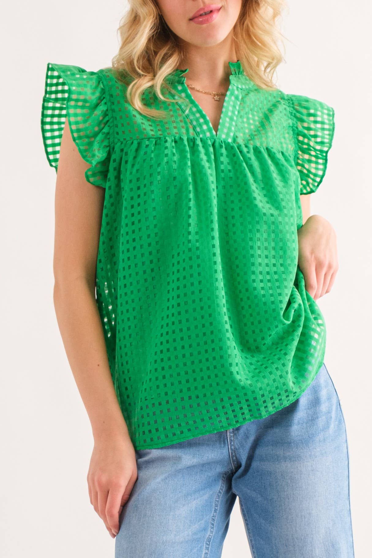 Green Sheer and Gridded Baby Doll Ruffled Top (Includes Plus!)