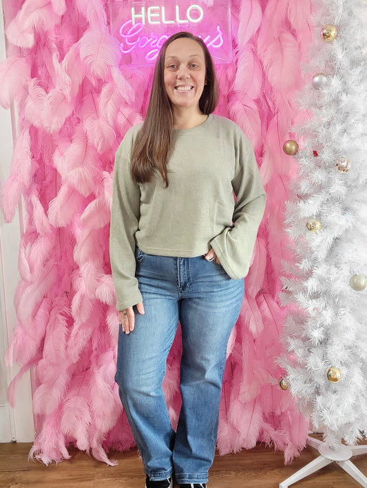 Sage Green Ribbed Bell Sleeve Top