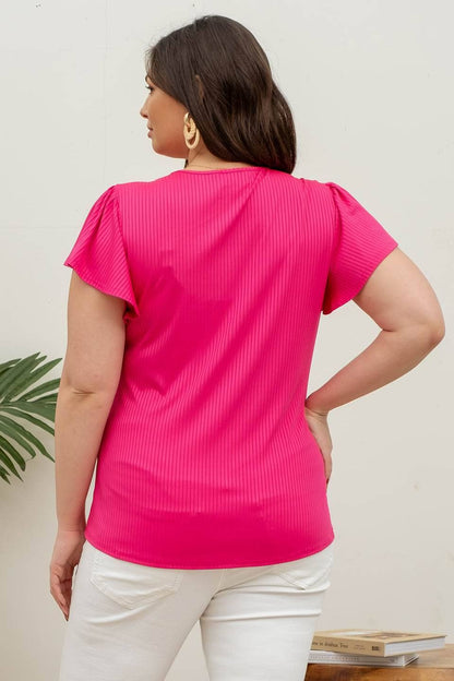 Fuchsia V-Neck Lace Trim Ribbed Knit Top (Plus Exclusive!)