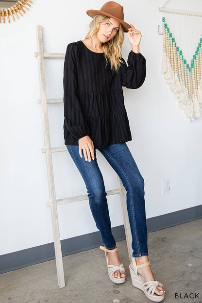 Black Cotton Jacquard Stripe Tiered Top