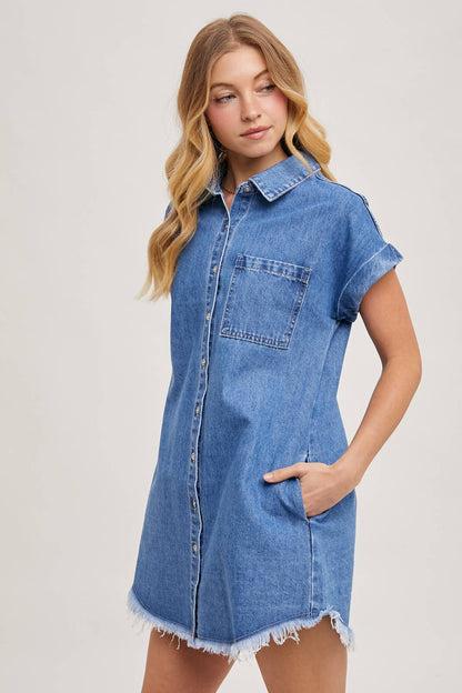 Medium Wash Denim Button Down Short Sleeve Shirt Mini Dress