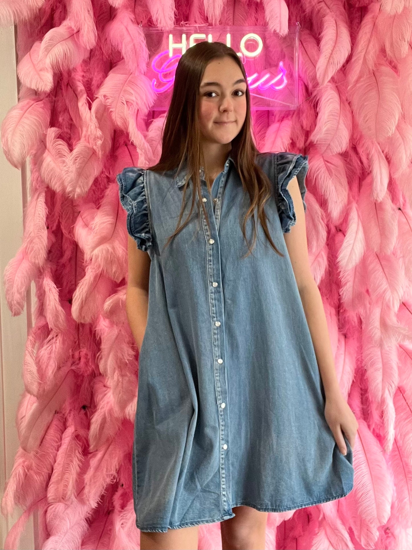 Chambray Ruffle Shoulder Button Down Denim Dress