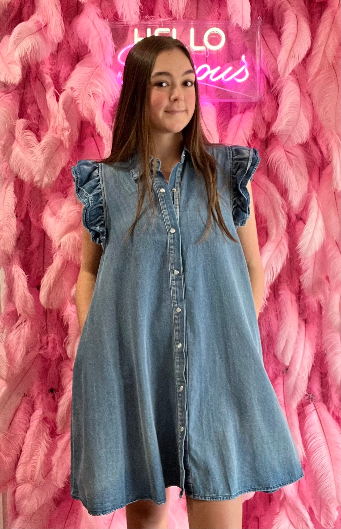 Chambray Ruffle Shoulder Button Down Denim Dress