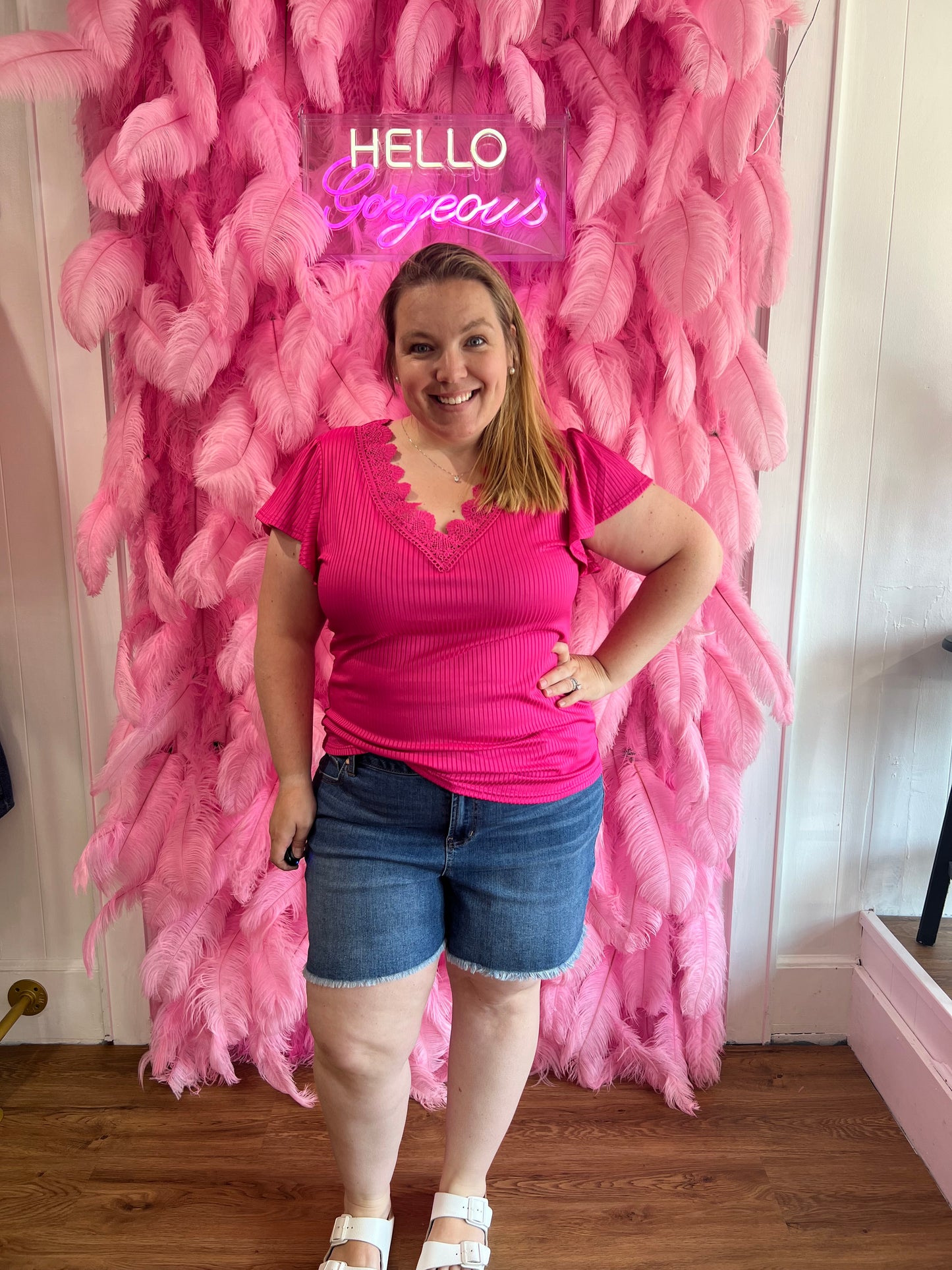 Fuchsia V-Neck Lace Trim Ribbed Knit Top (Plus Exclusive!)