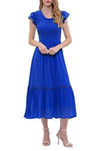 Royal Blue Scoop Ruffle Neck Smocked Midi Dress