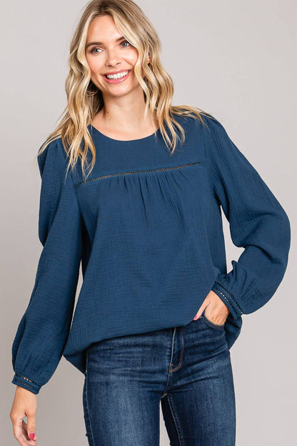Navy Chic Cotton Ladder Trim Blouse