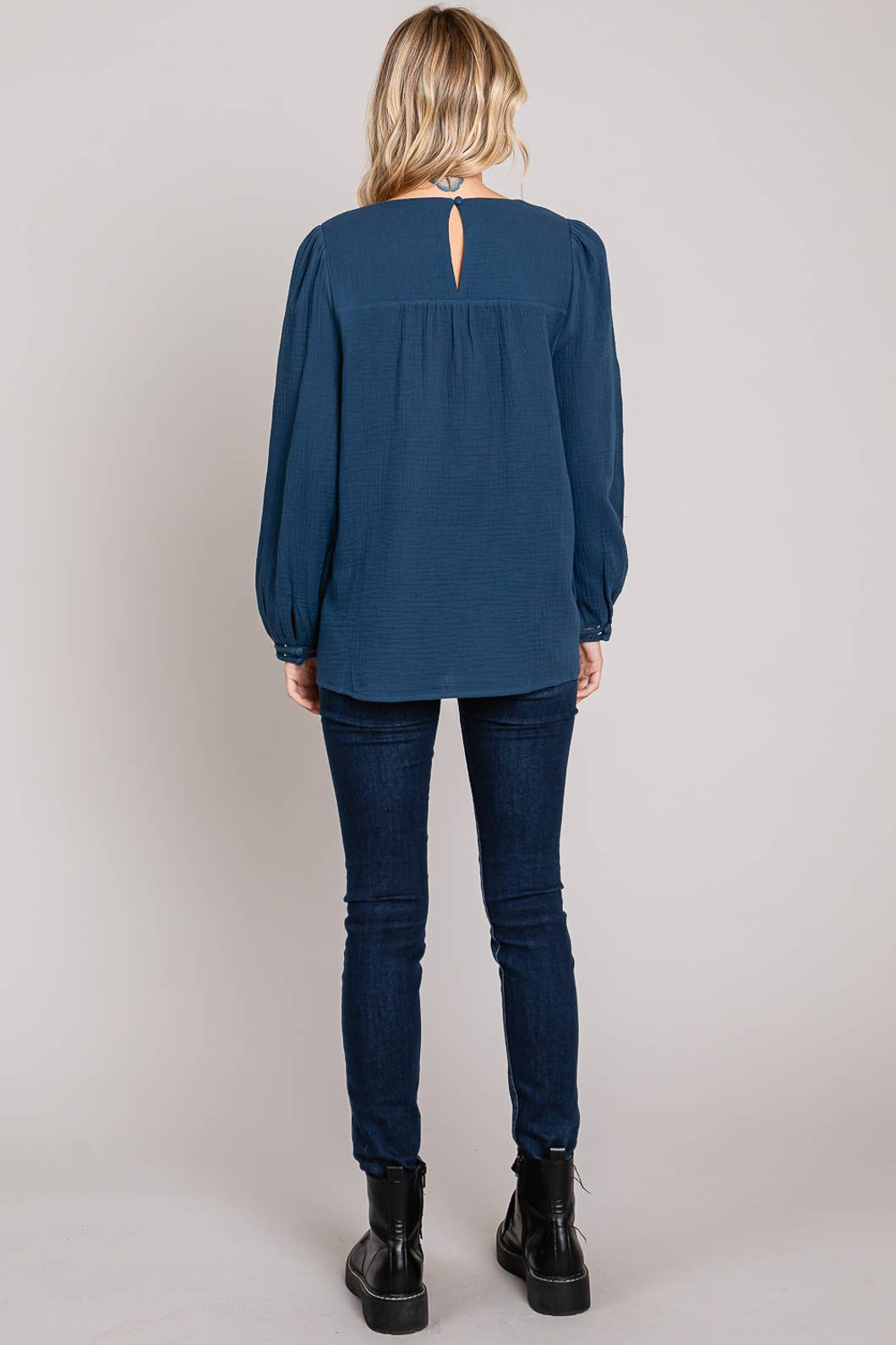 Navy Chic Cotton Ladder Trim Blouse