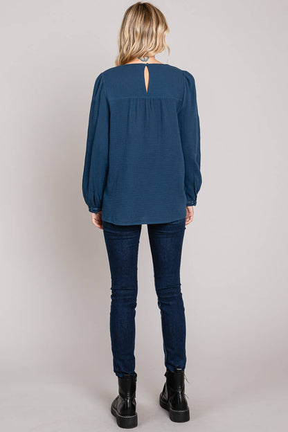 Navy Chic Cotton Ladder Trim Blouse
