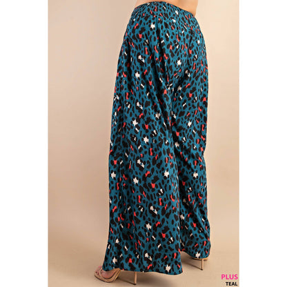 Teal Animal Print High Rise Wide Leg Pants with Elastic Smocked Waist (Plus Exclusive!)