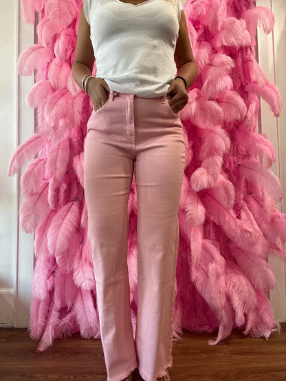 Pink Acid Washed Frayed Cutoff Hem Straight Wide Pants