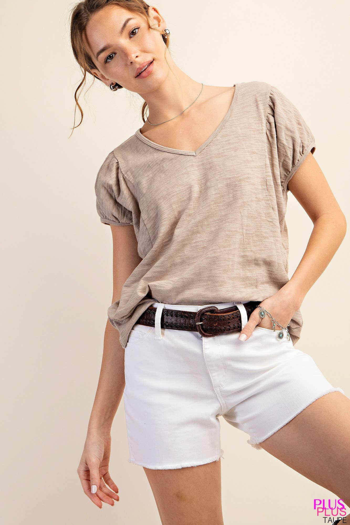 Taupe Cotton Puff Short Sleeve V-Neck Top (Plus Exclusive!)