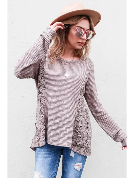 Taupe Waffle Side Lace Detailed Top (Includes Plus!)