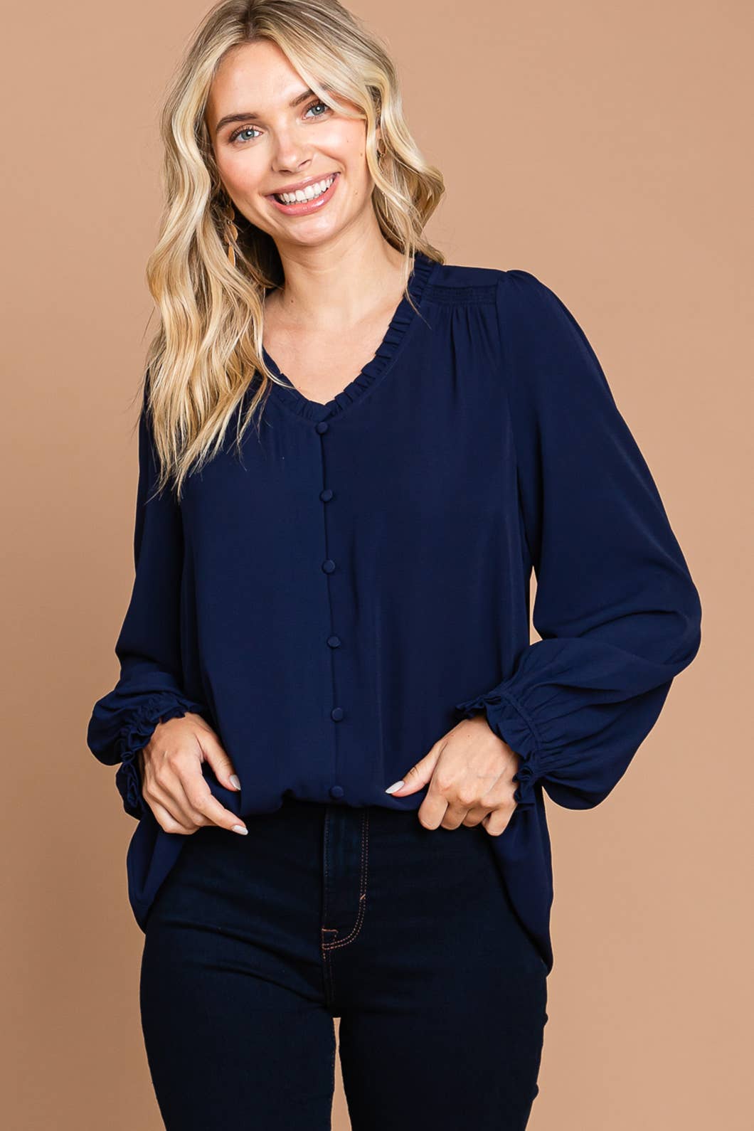 Navy Long Bishop Sleeve V Neck Button Down Blouse with Small Ruffle Detail