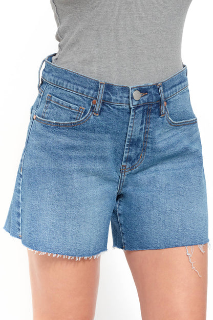 Light Medium Wash Loose Fit Mid Rise 5" Length Fray Hem Denim Short