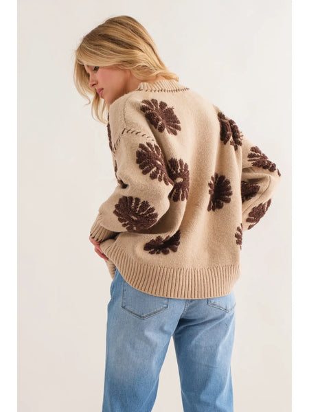 Light Brown Daisy Textured Print Pullover Sweater (Includes Plus!)