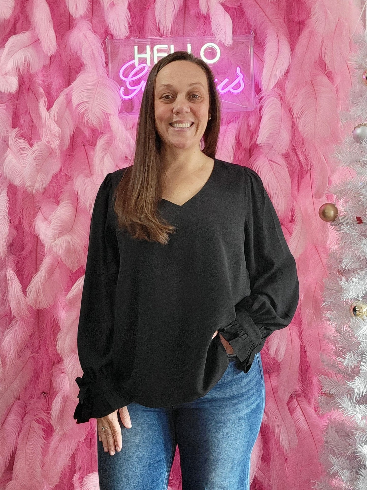 Black Soft Woven V-Neck Tie Detailed Sleeve Top (Includes Plus!)