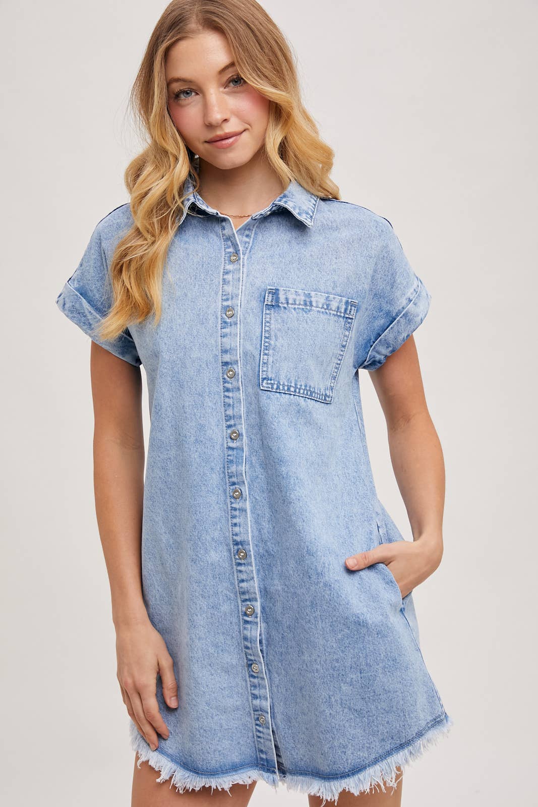 Light Wash Denim Button Down Short Sleeve Shirt Mini Dress