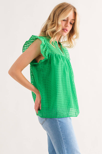 Green Sheer and Gridded Baby Doll Ruffled Top (Includes Plus!)
