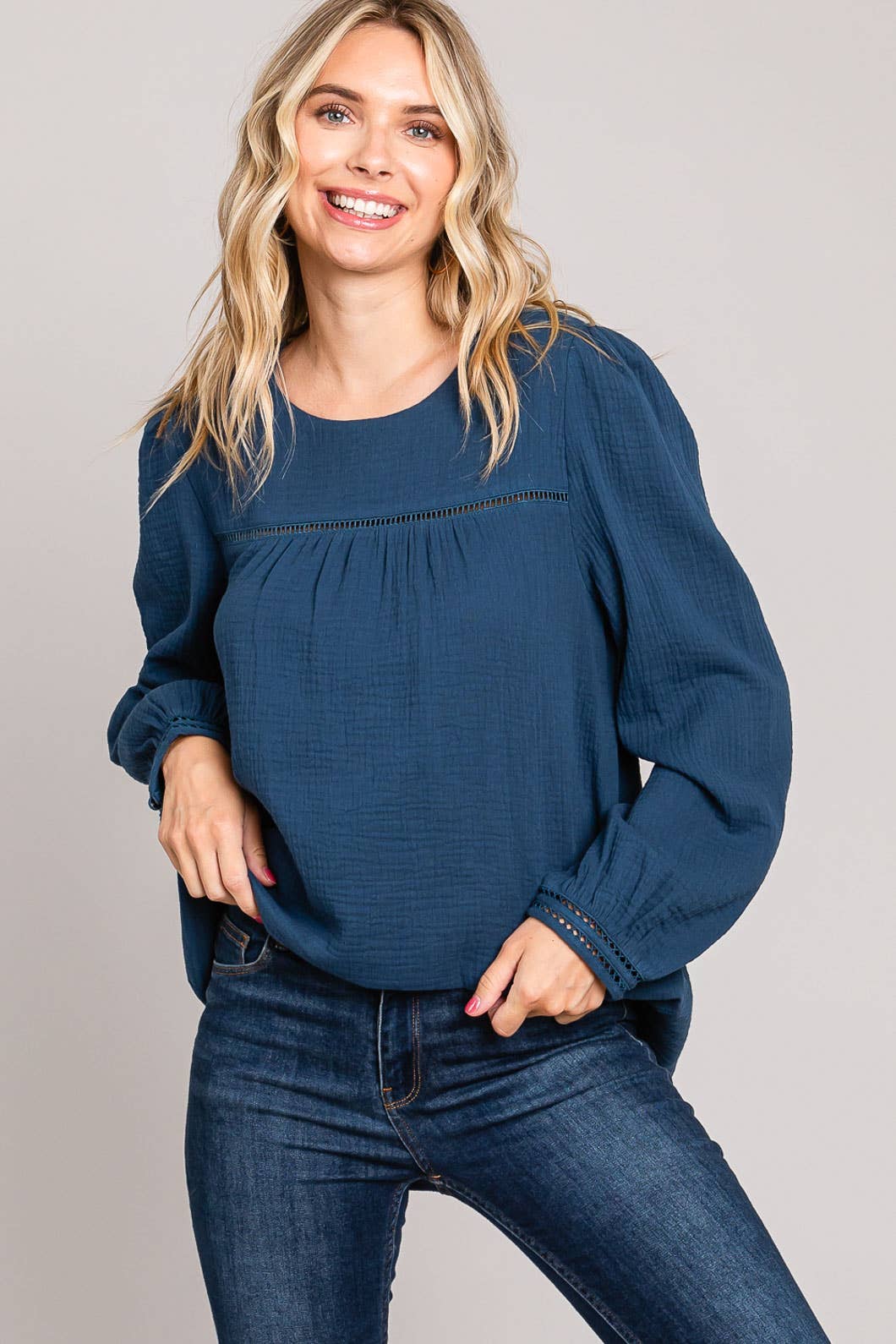 Navy Chic Cotton Ladder Trim Blouse