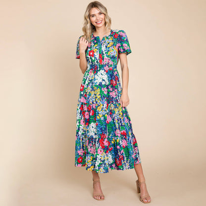 Navy Tiered Floral V Neck Cotton Midi Dress (Plus Size Exclusive!)