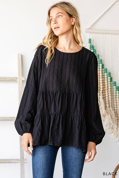 Black Cotton Jacquard Stripe Tiered Top