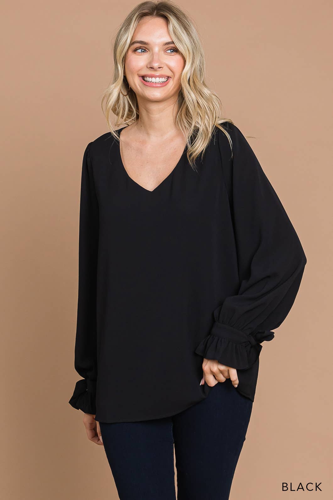 Black Soft Woven V-Neck Tie Detailed Sleeve Top (Includes Plus!)
