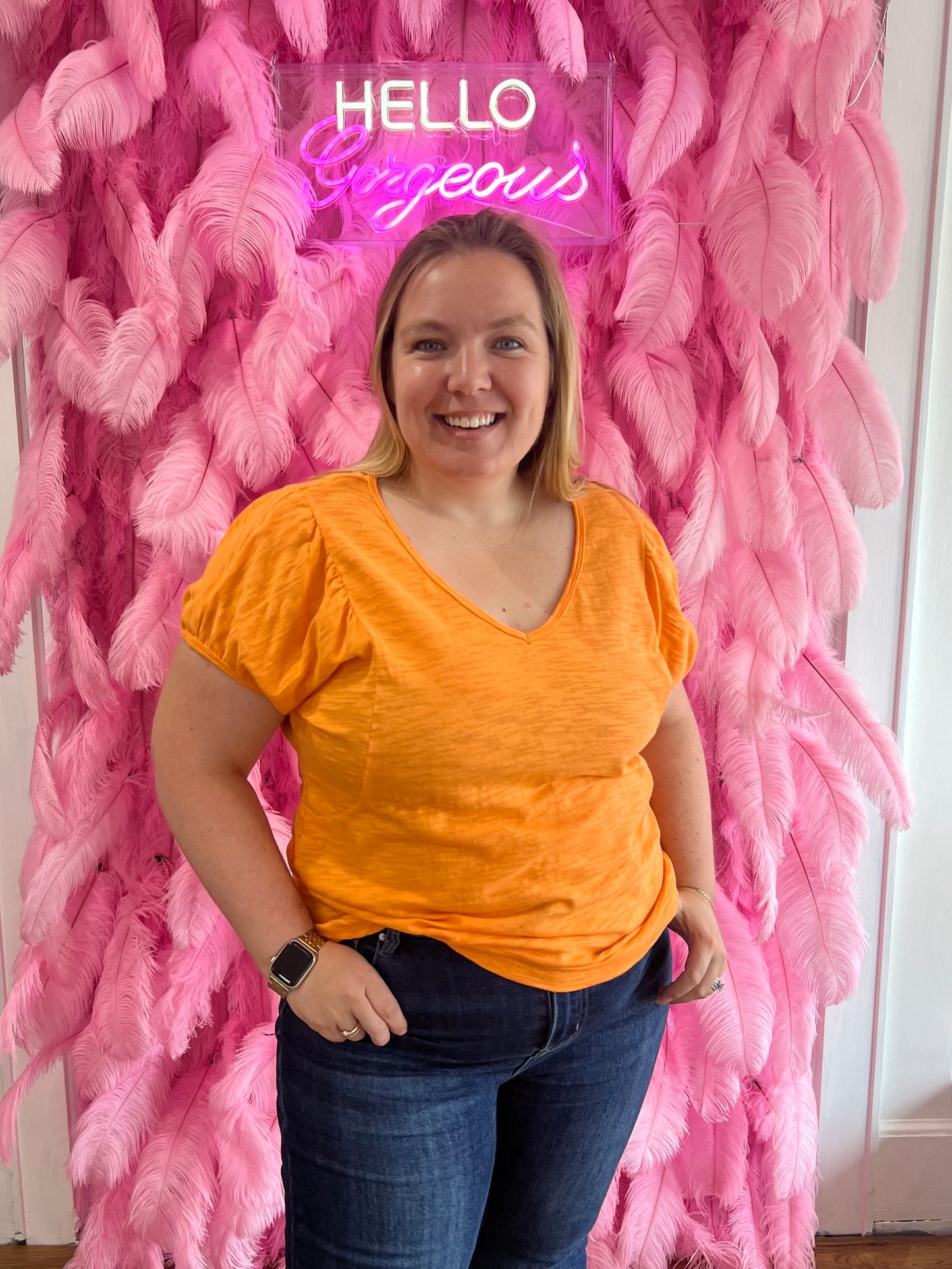 Orange Cotton Puff Short Sleeve V-Neck Top (Plus Exclusive!)