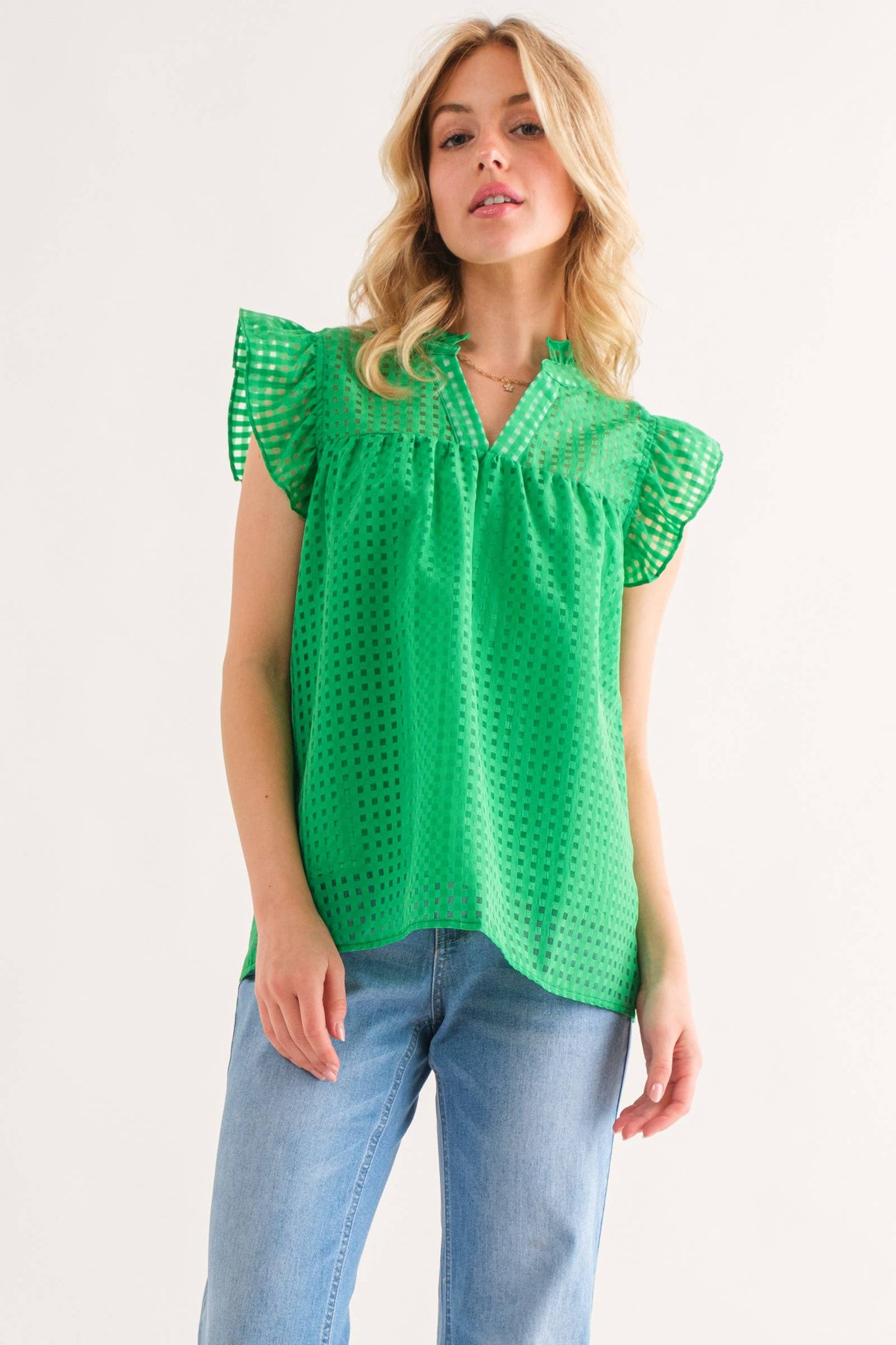 Green Sheer and Gridded Baby Doll Ruffled Top (Includes Plus!)