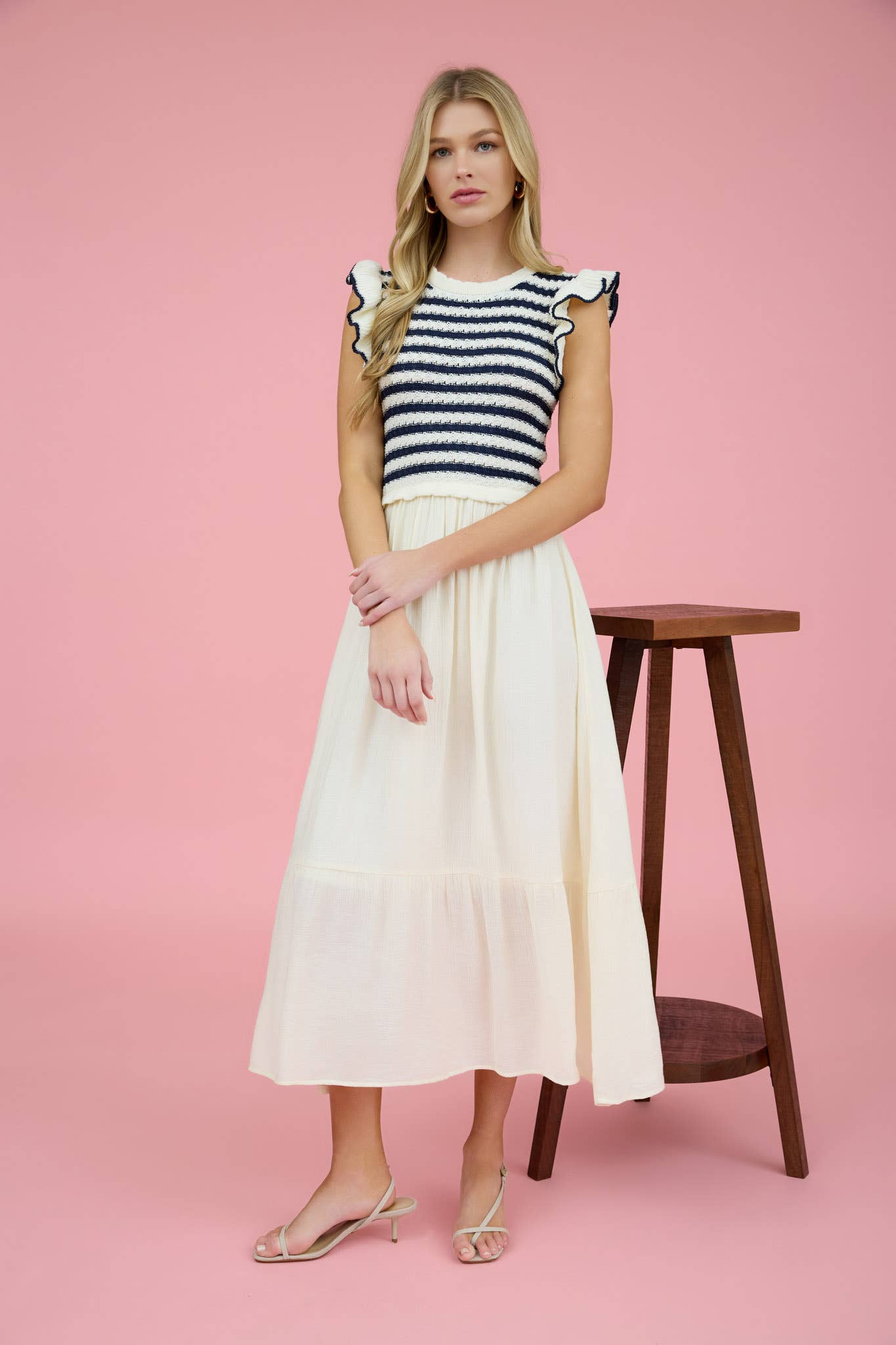 Mixed Media Navy and White Stripe Sweater Top Midi Dress