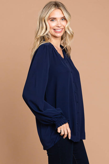 Navy Long Bishop Sleeve V Neck Button Down Blouse with Small Ruffle Detail