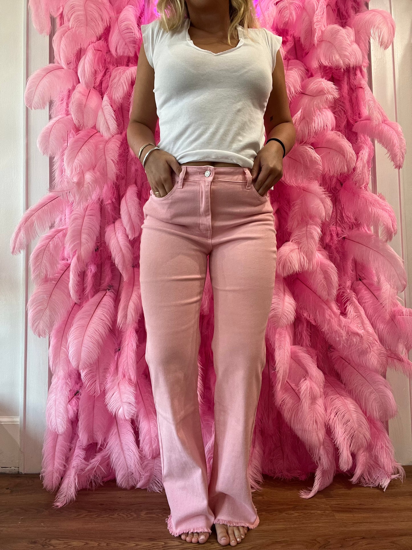 Pink Acid Washed Frayed Cutoff Hem Straight Wide Pants