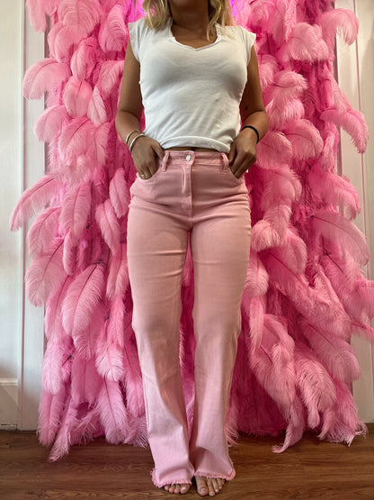 Pink Acid Washed Frayed Cutoff Hem Straight Wide Pants